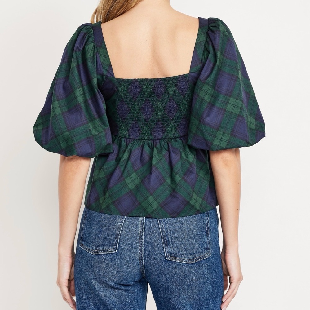 Plaid Puff Sleeve Top - Green and Navy - Picture 2 of 5